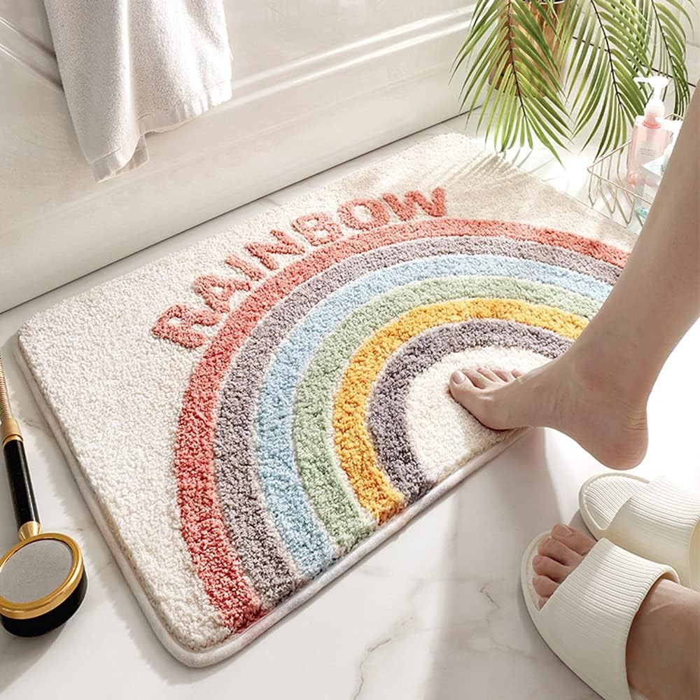 Rainbow Flocking Bath Mat, Bathroom Rug Water Absorbent Non-Slip Soft Microfiber
