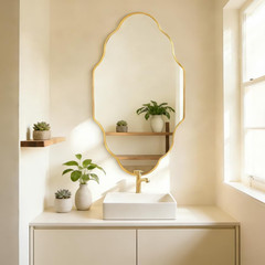 Gold Scalloped Irregular Wall Mirror with Brushed Metal Frame, Modern Asymmetric