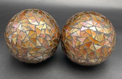 Mosaic Glass Decorative Balls Set of 2 Orbs Brown Gold 4in