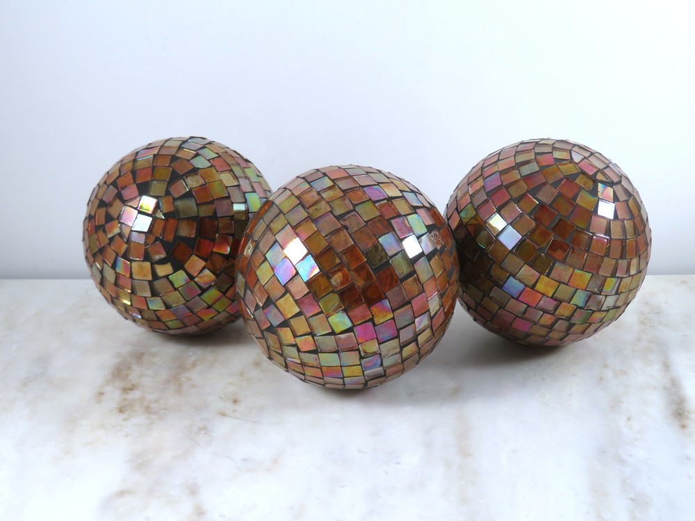 Vintage Mosaic Orbs Glass On Plastic Set Of 3 Iridescent Copper 4 Inch Handmade