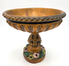 Floral Pedestal Compote Bowl Tazza Black Gold 9in Centerpiece Italy VTG