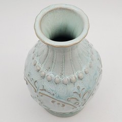 Greenleaf Vase 5.5in Robins Egg Blue Tan Ceramic Embossed Reed Diffusers Flowers