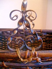 VINTAGE BAMBOO OBLONG BASKET w/METAL SCROLL HANDLE ~ 12 1/2 L x 8 W x 6 H ~ VGUC