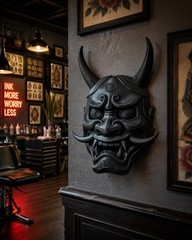 Black Japanese Oni Samurai Demon Mask Wall Decor Tattoo Bar Man Cave