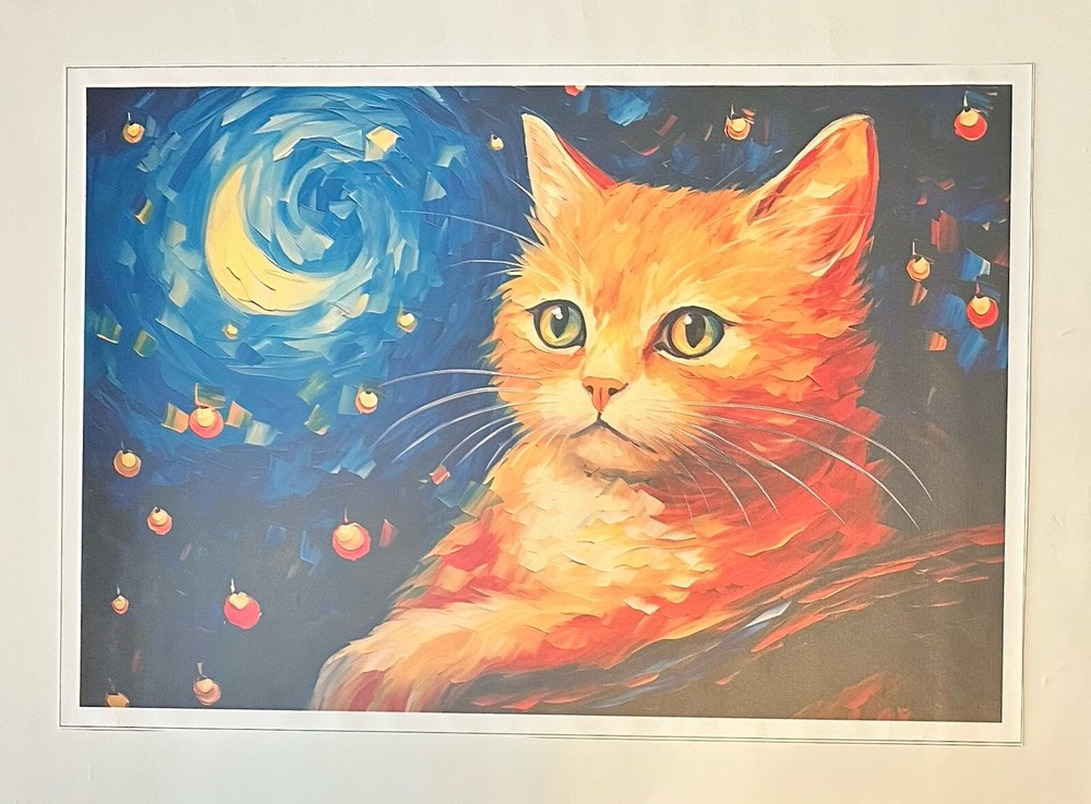 Van Gogh Inspired Starry Night Orange British Shorthair Cat 17×25 Canvas Poster