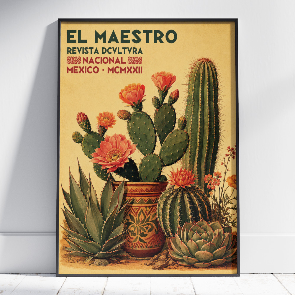 Vintage Mexican Cactus Poster Floral Wall Art Print Traditional Room Decor Gift