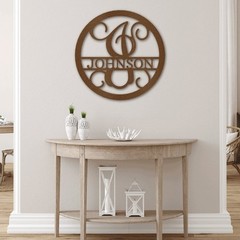 Round Monogram Vine Metal Sign with Initial and Family Name Indoor – Outdoor