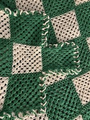 crochet granny square afghan blanket vintage 60 inch By 36 inch Green White