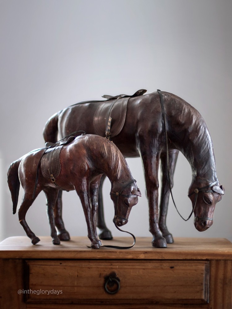(Pair) Home Decor Leather Wrapped Equestrian Horse Figurine 19″ L & 13″L