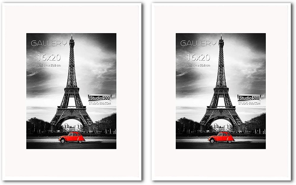 2pc Set 16×20” White Poster Frames, Pinewood, Tempered Glass, w/mat 11×14 Photo