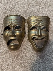 Vintage Solid Brass Comedy & Tragedy Masks 8″ Theater Drama Wall Decor Set India