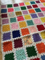 VTG Handmade Crochet Granny Square Afghan White 62×48 Throw Cottage Chore