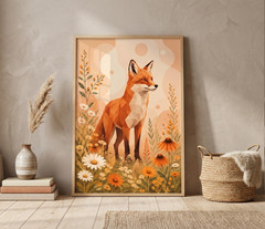 Geometric Fox Poster Modern Animal Art Print Orange Wildflower Wall Decor