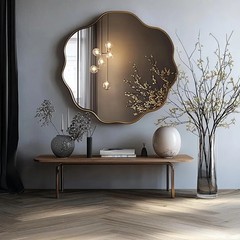 Scalloped Gold Frame Wall Mirror, Luxury Asymmetrical Vanity Mirror