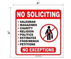(Set of 4) No Soliciting Sticker Sign 6″ x 6″ – Durable Self Adhesive 4 Mil V…