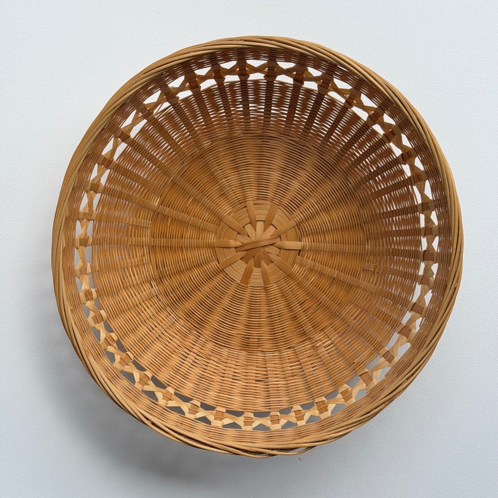 Vintage Woven Bamboo Fruit Basket Medium Boho Lattice Detail Handcrafted