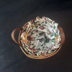 Longaberger Sm. Basket W/Floral Fabric, 1980s, Leather Handles 4.5”Wide, Signed