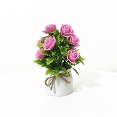 7.5 inch Artificial Rose Arrangement in Rustic White Pot with Twine for accent
