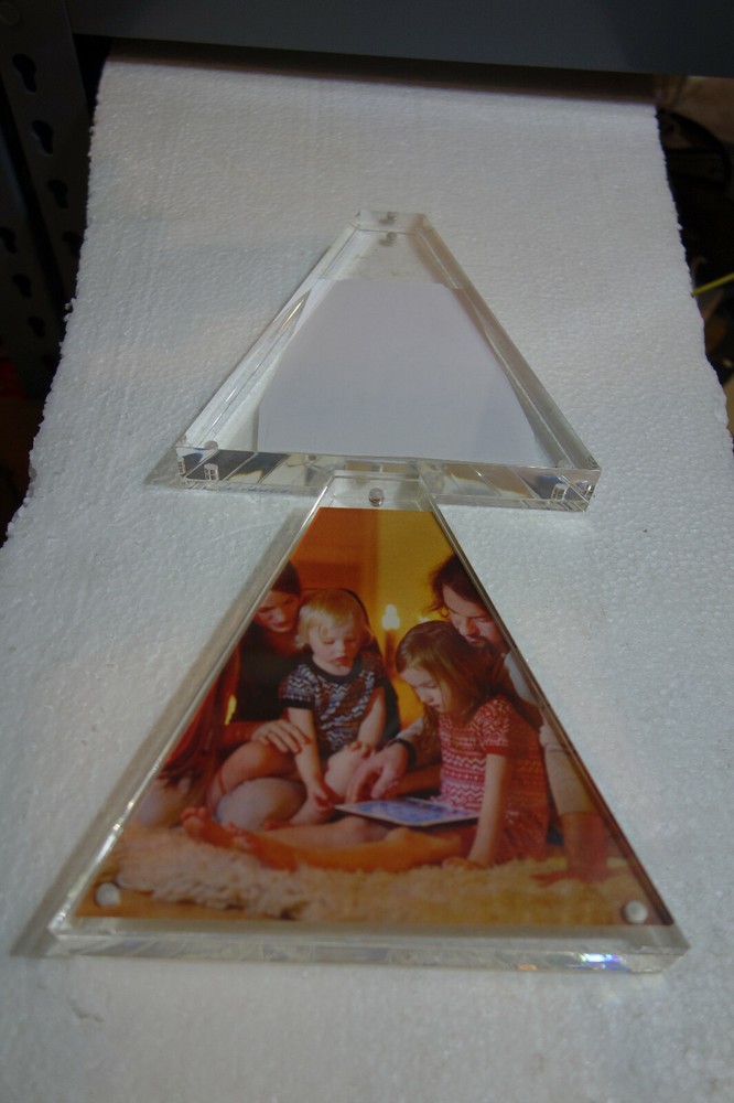 Unique Plexiglass Triangle Photo Frame, Award. or Trophy 3 point magnetic hold