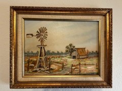 Vintage Oil Painting Signed Iva Frazier Windmill Barn Farm Landscape