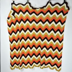 Vtg 70s Chevron Afghan Crocheted Blanket 48×45 Zig Zag Orange Yellow Ivory Brown
