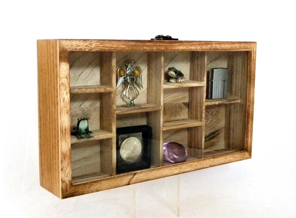Glass Front Oak Colored Hanging Display Case 10 Compartments
