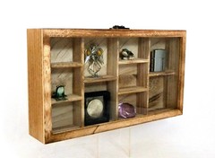 Glass Front Oak Colored Hanging Display Case 10 Compartments