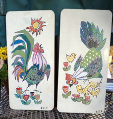 Two Gond Art Wall Hangings/Plaques-Vintage-Rooster, Chicks-Signed 11 X 5-OOAK
