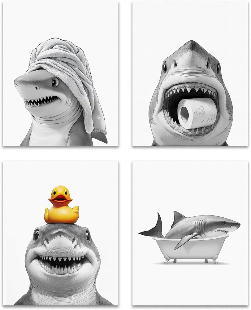 OFJE Funny Shark Bathroom Wall Art Decor Prints Set of 4, Wild Animal Shark Post