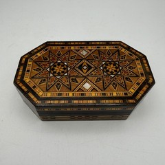 Vintage Marquetry Wood Inlay Jewelry Box Velvet Lined Silver Star Octagon 5.5in