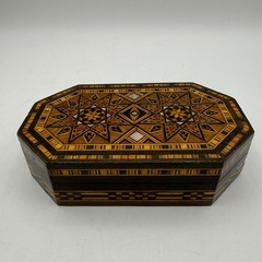 Vintage Marquetry Wood Inlay Jewelry Box Velvet Lined Silver Star Octagon 5.5in
