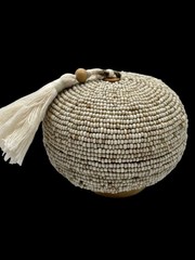 Balinese Handmade Beaded Bamboo Trinket Box Tassel Lidded White Natural Basket