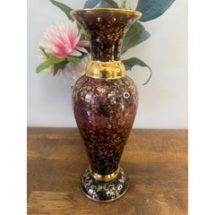 Vintage Amethyst Glass Gold Floral Vase Bohemian Style Art Glass Retro Decor