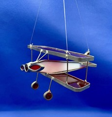 HANDMADE Lead Stained Glass Biplane Red & White Vintage