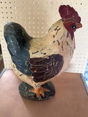 Primitive Heavy Wooden Rooster Hand Painted Hand Carved 12″ Tall