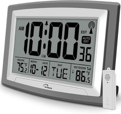 WallarGe Atomic Clock with Outdoor and Indoor Temperature – 12.5 Inch Self-Setti