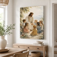 Jesus With Children Canvas Art Christian Religious Painting Sunlit Decor Gift