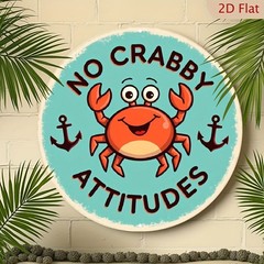 No Crabby Attitudes Round Metal Sign Cute Crab Anchor Coastal Tin Wall Decor