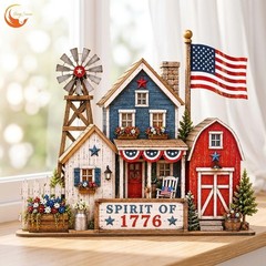 Rustic Americana Patriotic Village Figurine for Farmhouse 4th of July Decor