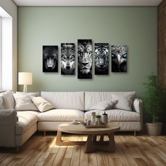 Black and White Animal Canvas Wall Art 5 Pieces Blue Eyes Eagle Bear Tiger Wolf