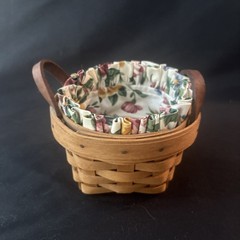 Longaberger Sm. Basket W/Floral Fabric, 1980s, Leather Handles 4.5”Wide, Signed