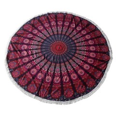 Round Size Pigment Printed Purple & Pink Peacock Mandala Tapestry Wall Hanging