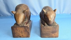 Vintage Wooden Doorstop Hand-Carved Wood Wedge Rat Mouse Animal 8×3 Pair Figural