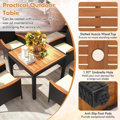 5 Pieces Rattan Outdoor Dining Set for 4, Outdoor Acacia Wood Table Set with 4