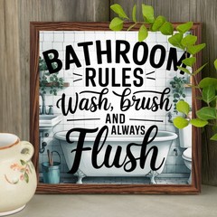 Bathroom Rules Wash Brush Flush Rustic Wooden Plaque Bathroom Wall Decor Sign