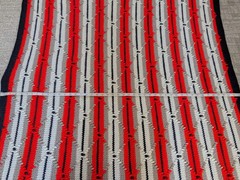 Vintage Large Handmade Afghan Throw Crochet Black Cream Gray Red Stripe Fringe