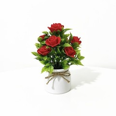7.5 inch Artificial Rose Arrangement in Rustic White Pot with Twine for accent