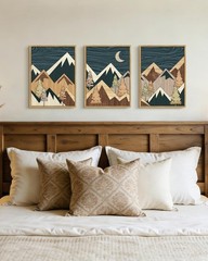 Blue Morden Mountains Framed Wall Art Boho Woodcut Pine Tree Forest Nature La…