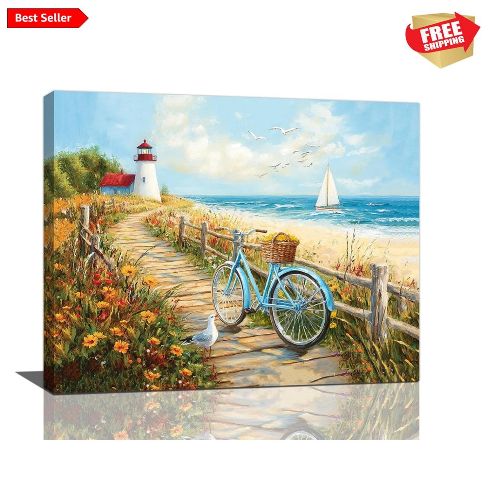 Vibrant Coastal Wall Decor: Framed Beach Bicycle and Lighthouse Canvas, 20”x16”