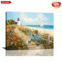 Vibrant Coastal Wall Decor: Framed Beach Bicycle and Lighthouse Canvas, 20”x16”